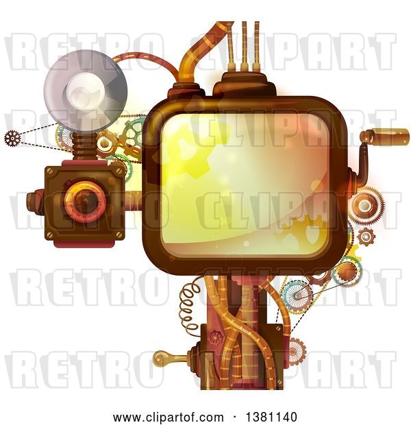 Vector Clip Art of Retro Steampunk Screen with a Crank Handle, Camera and Gears
