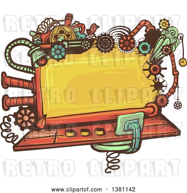 Vector Clip Art of Retro Steampunk Screen with Gears, Lights, Pipes, Springs and a Bird