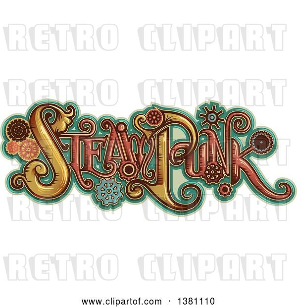 Vector Clip Art of Retro Steampunk Text with Gears over Turquoise