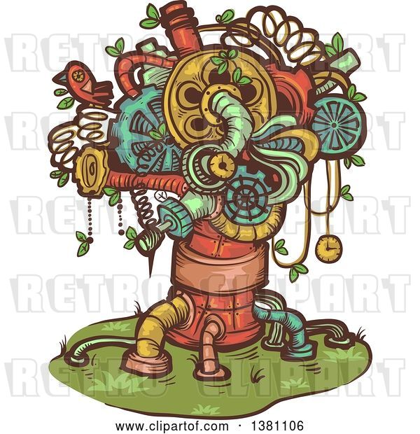 Vector Clip Art of Retro Steampunk Tree Made of Pipes, Springs and Gears