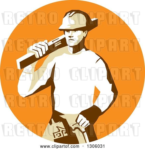Vector Clip Art of Retro Stencil Styled Construction Worker Builder Carrying a Spirit Level on His Shoulder in an Orange Circle