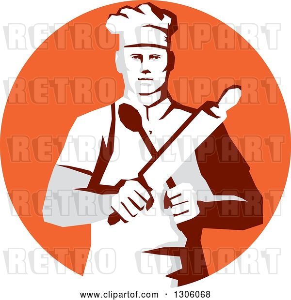 Vector Clip Art of Retro Stencil Styled Cook Holding a Spoon and Rolling Pin in an Orange Circle