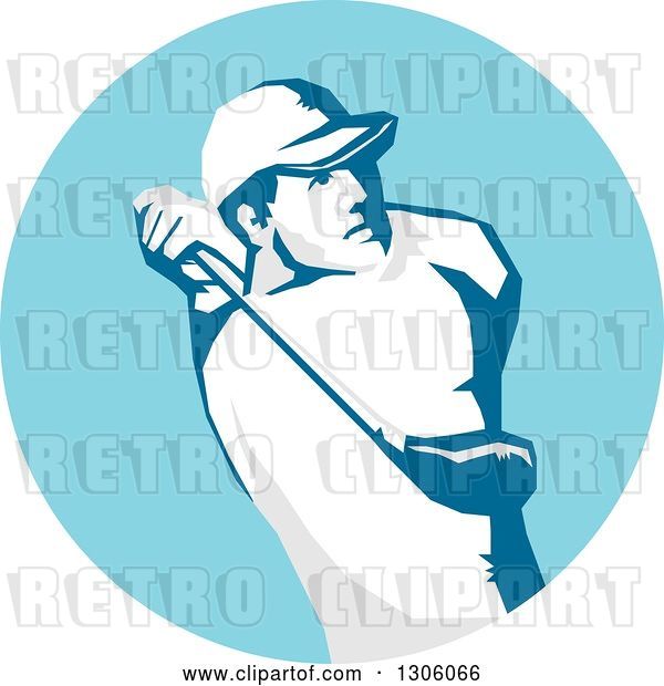 Vector Clip Art of Retro Stencil Styled Male Golfer Swinging in a Blue Circle
