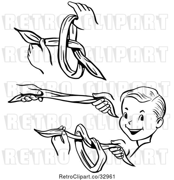 Vector Clip Art of Retro Steps of a Boy Performing a Vanishing Knot Magic Trick
