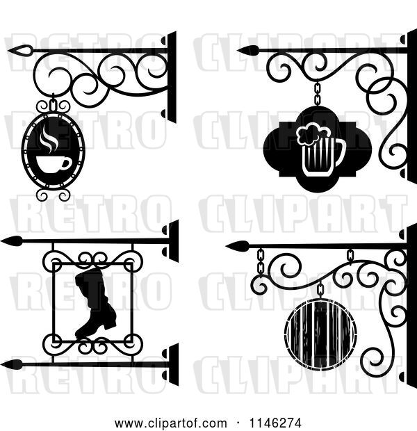 Vector Clip Art of Retro Storefront Bar Pub and Workshop Shingle Signs