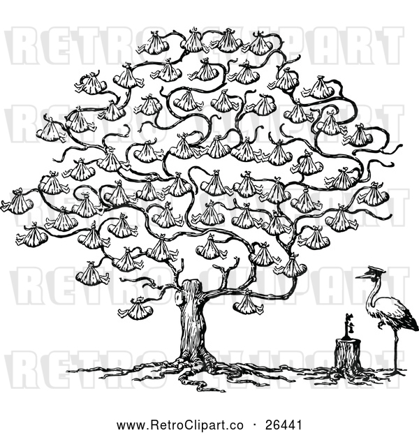 Vector Clip Art of Retro Stork and Baby Tree