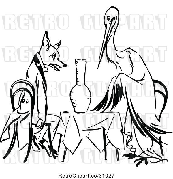Vector Clip Art of Retro Stork and Fox Dining