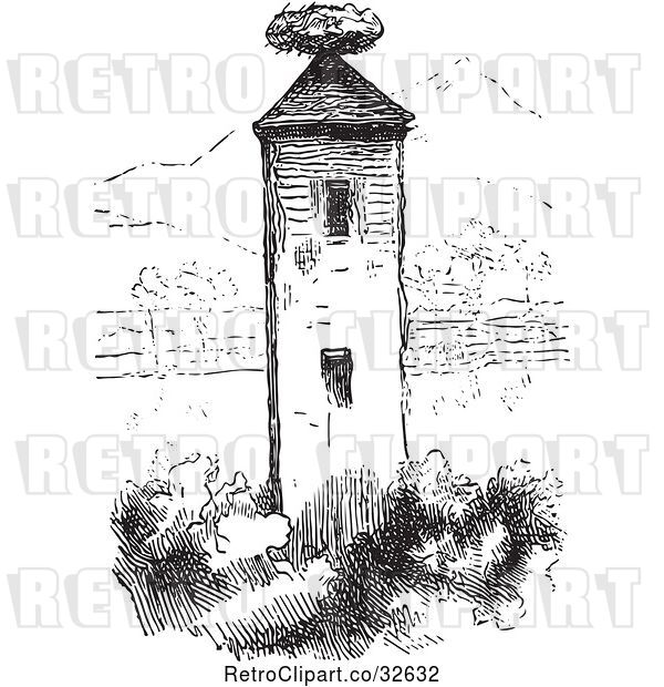 Vector Clip Art of Retro Stork Nest on a Tower in