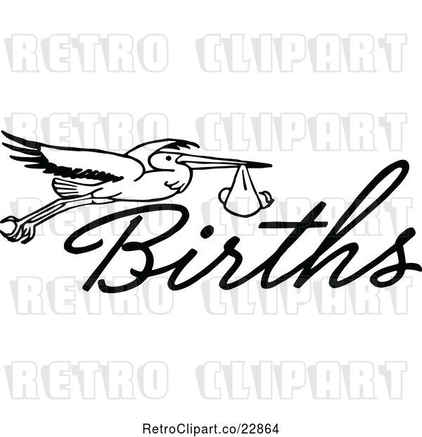 Vector Clip Art of Retro Stork with a Baby and the Word Births