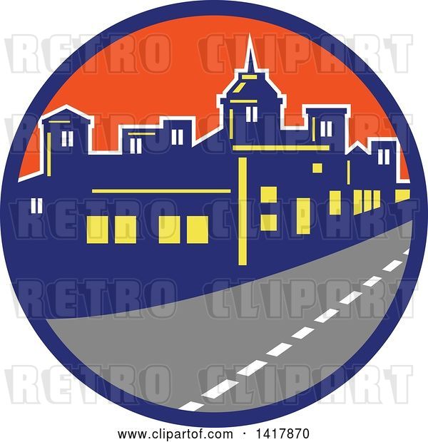 Vector Clip Art of Retro Street and City Skyline in a Blue and Orange Circle