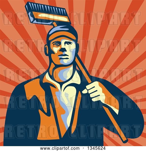 Vector Clip Art of Retro Street Cleaner Guy with a Broom over Rays