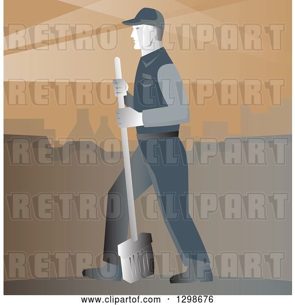 Vector Clip Art of Retro Street Cleaner with a Broom Against Brown