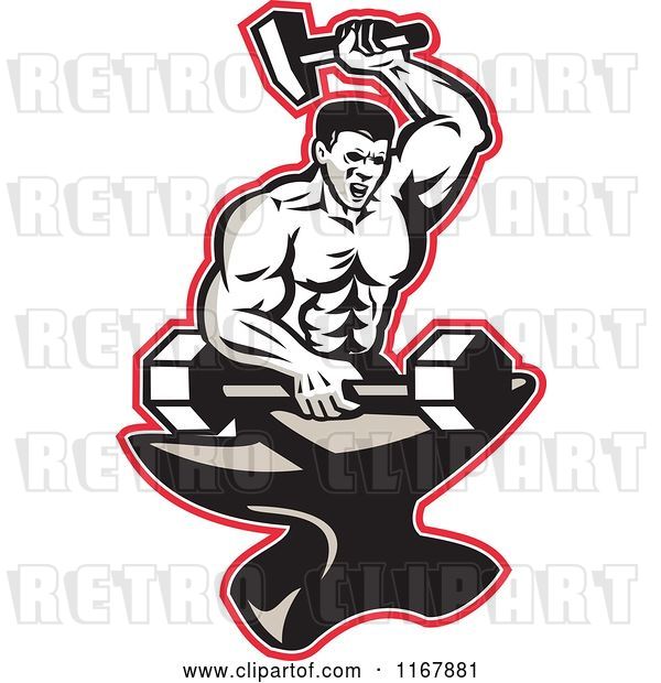 Vector Clip Art of Retro Strong Blacksmith Forging a Barbell on an Anvil Outlined in Red