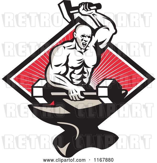 Vector Clip Art of Retro Strong Blacksmith Forging a Barbell on an Anvil over a Diamond of Rays on Red