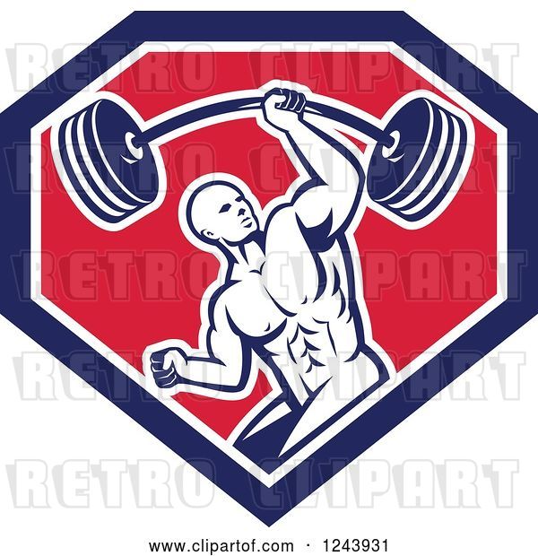 Vector Clip Art of Retro Strong Bodybuilder Guy Lifting a Barbell with One Hand in a Shield