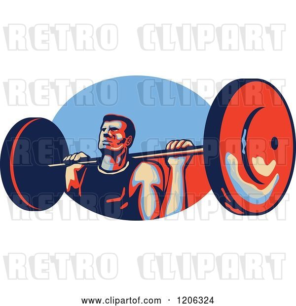 Vector Clip Art of Retro Strong Bodybuilder Lifting a Barbell over a Red and Blue Oval