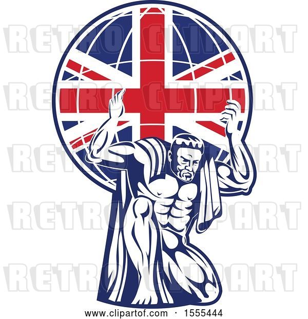 Vector Clip Art of Retro Strong Guy, Atlas, Kneeling and Holding a Uk Flag Globe on His Shoulders