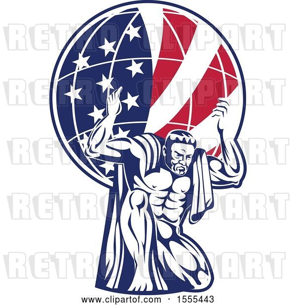 Vector Clip Art of Retro Strong Guy, Atlas, Kneeling and Holding an American Flag Globe on His Shoulders