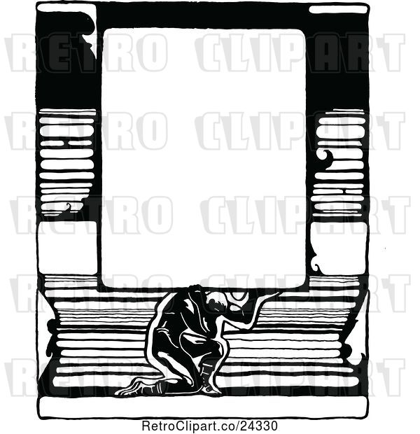 Vector Clip Art of Retro Strong Guy Holding a Sign over Books
