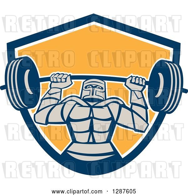 Vector Clip Art of Retro Strong Knight Working out with a Barbell in a Blue White and Yellow Shield