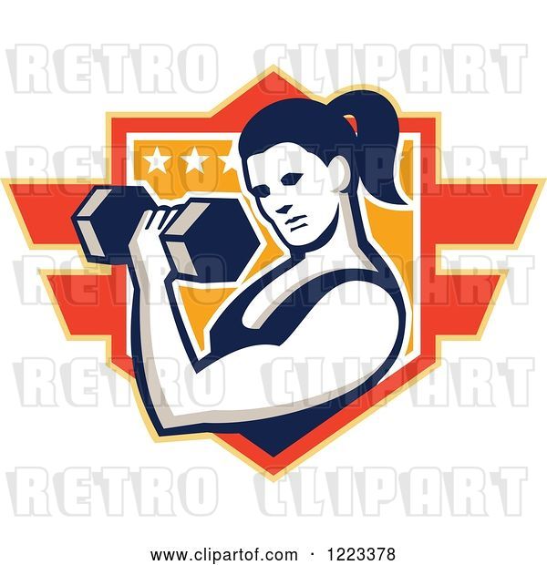 Vector Clip Art of Retro Strong Lady Doing Bicep Curls with a Dumbbell over a Shield