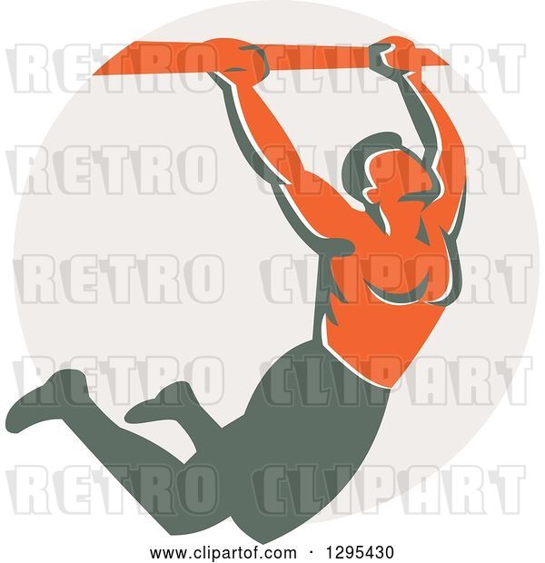 Vector Clip Art of Retro Strong Male Bodybuilder Doing Pull Ups on a Bar over a Taupe Circle