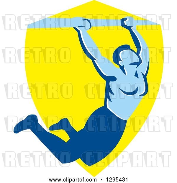 Vector Clip Art of Retro Strong Male Bodybuilder Doing Pull Ups on a Bar over a Yellow Shield