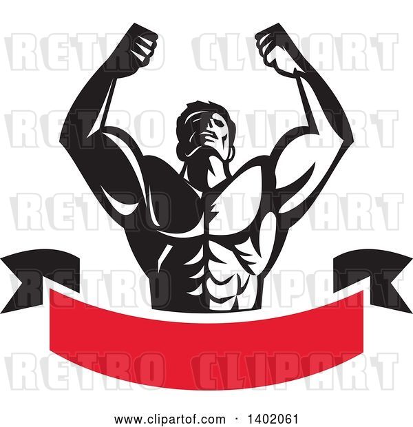 Vector Clip Art of Retro Strong Male Bodybuilder Holding His Arms up and Flexing over a Red Banner