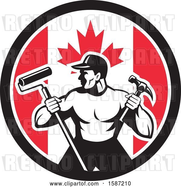 Vector Clip Art of Retro Strong Male Painter or Handy Guy in a Canadian Flag Circle
