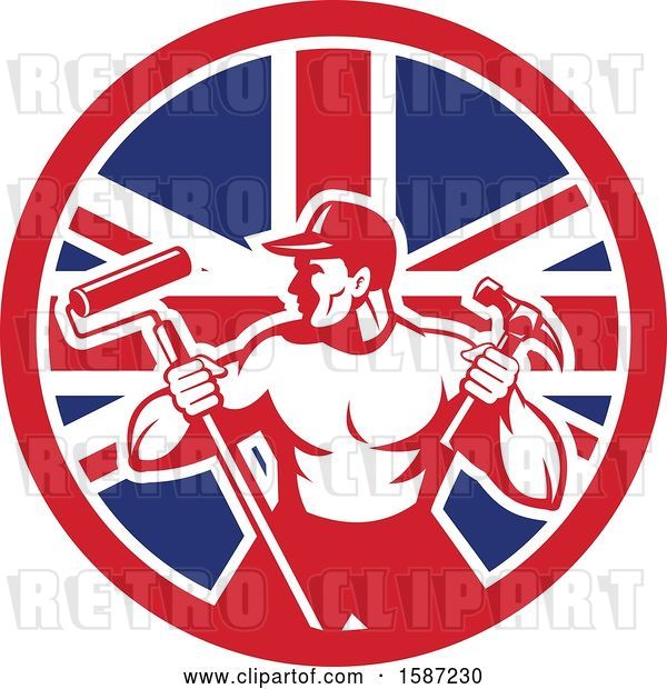 Vector Clip Art of Retro Strong Male Painter or Handy Guy in a Union Jack Flag Circle