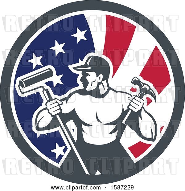 Vector Clip Art of Retro Strong Male Painter or Handy Guy in an American Flag Circle