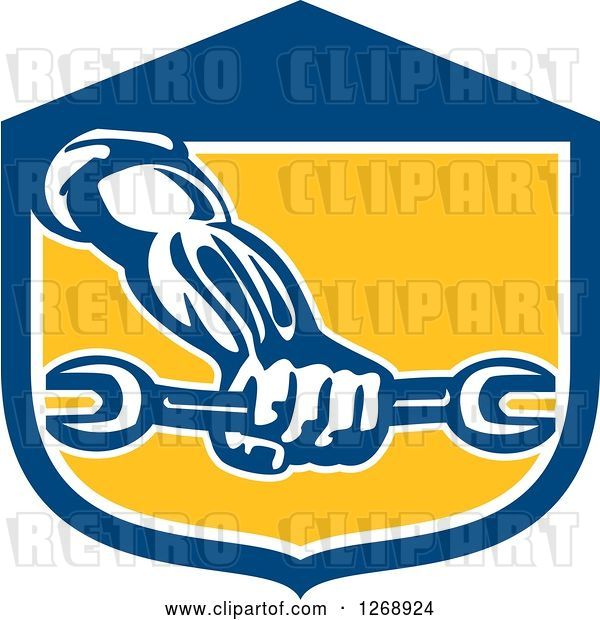 Vector Clip Art of Retro Strong Mechanic Hand Holding a Wrench in a Blue White and Yellow Shield