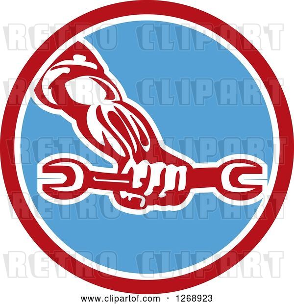Vector Clip Art of Retro Strong Mechanic Hand Holding a Wrench in a Red White and Blue Circle