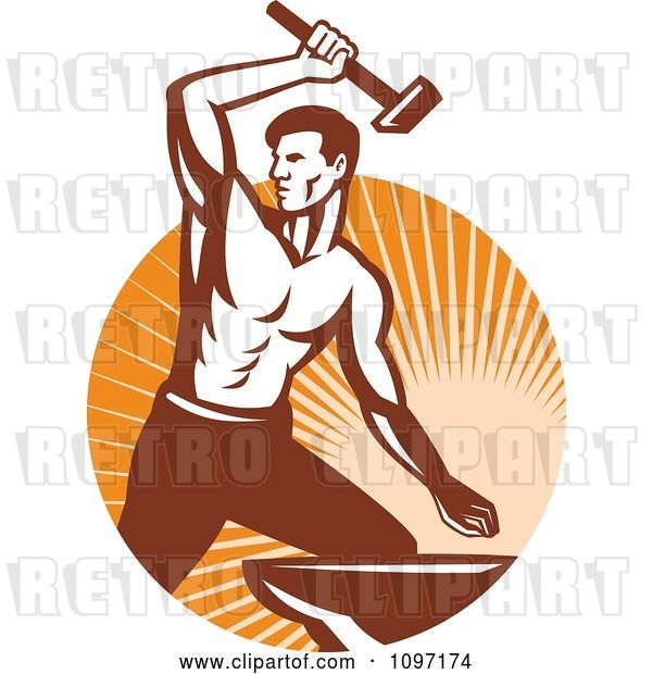 Vector Clip Art of Retro Strong Woodcut Blacksmith Striking an Anvil with a Hammer over Rays