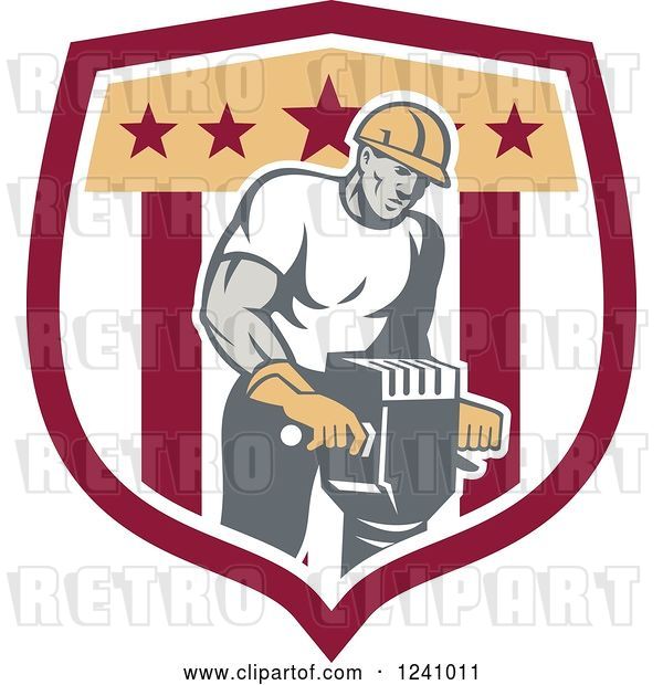 Vector Clip Art of Retro Strong Worker Operating a Jackhammer in a Shield