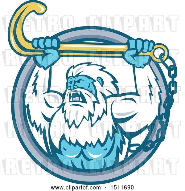 Vector Clip Art of Retro Strong Yeti Holding up a Towing J Hook in a Circle