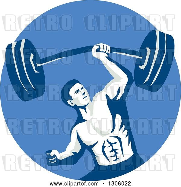 Vector Clip Art of Retro Strongman Bodybuilder Lifting a Barbell One Handed in a Blue Circle