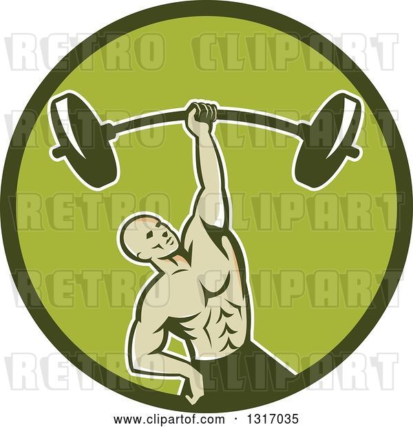 Vector Clip Art of Retro Strongman Bodybuilder Lifting a Barbell One Handed in a Green Circle