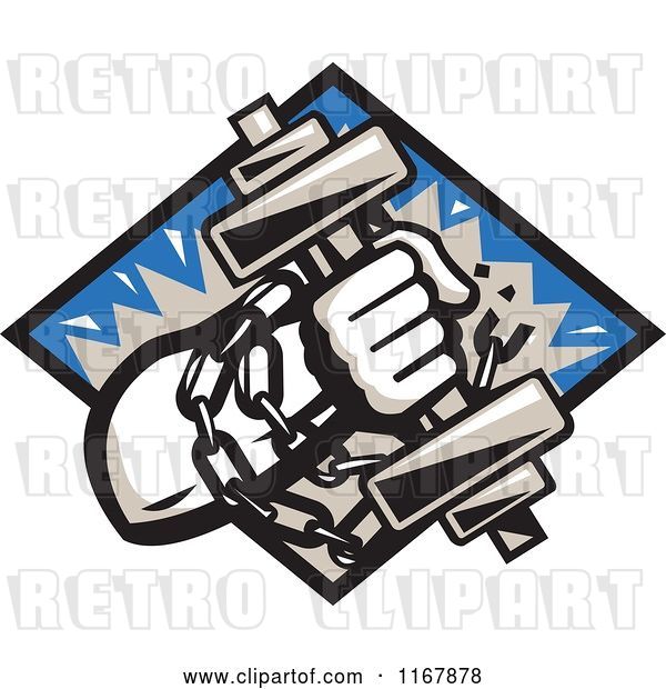 Vector Clip Art of Retro Strongman with Chains and a Dumbbell in Hand, Crashing Through a Blue Diamond