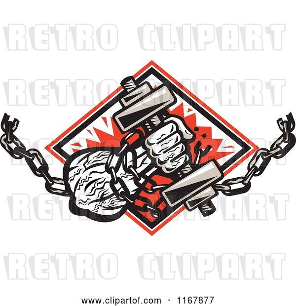 Vector Clip Art of Retro Strongman with Chains and a Dumbbell in Hand, Crashing Through a Red Diamond