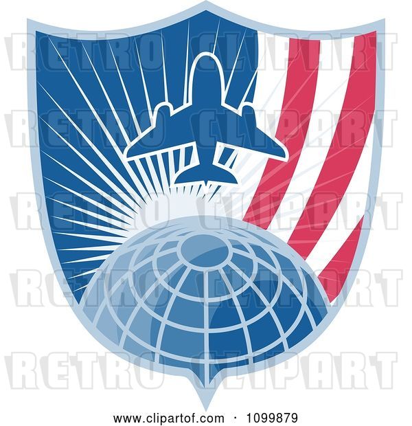 Vector Clip Art of Retro Styled Airplane over a Grid Globe with Sunshine and an American Shield