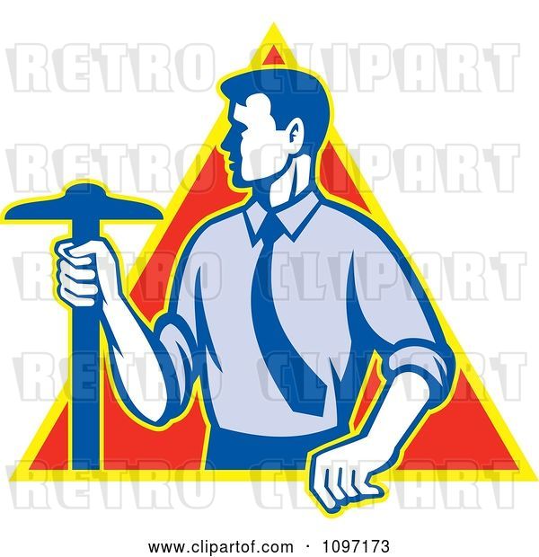 Vector Clip Art of Retro Styled Architect Holding a T-Square Drafting Tool over a Triangle