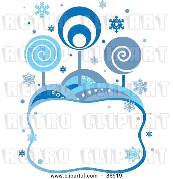 Vector Clip Art of Retro Styled Background of Blue Circle Trees and Snowflakes over a Blank Text Box