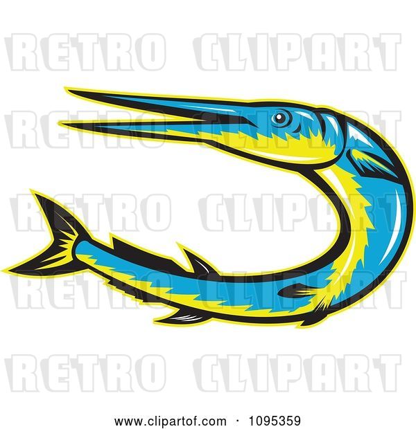 Vector Clip Art of Retro Styled Blue and Yellow Needle Fish Jumping