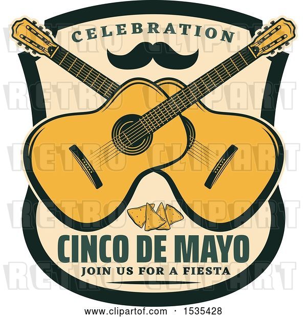 Vector Clip Art of Retro Styled Cinco De Mayo Design with a Mustache, Guitars and Tortilla Chips