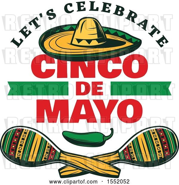 Vector Clip Art of Retro Styled Cinco De Mayo Design with a Sombrero, Jalapeno and Maracas
