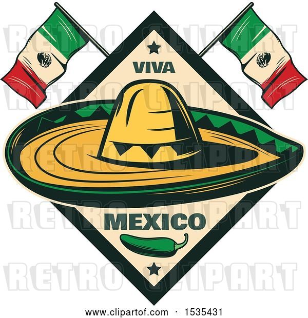 Vector Clip Art of Retro Styled Cinco De Mayo Design with a Sombrero, Jalapeno and Mexican Flags