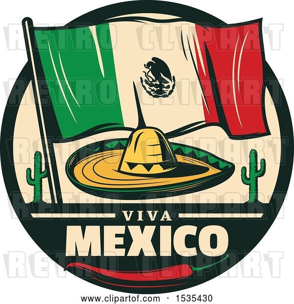 Vector Clip Art of Retro Styled Cinco De Mayo Design with a Sombrero, Mexican Flag, Cactus and Pepper