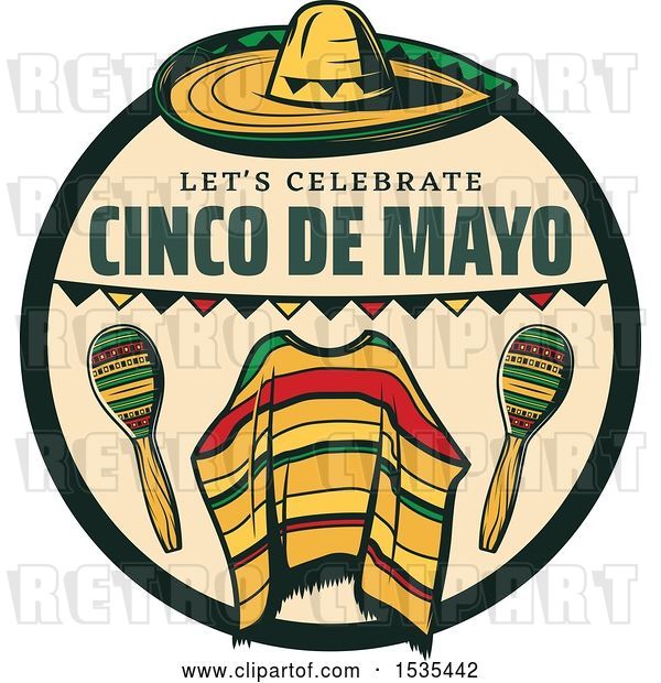 Vector Clip Art of Retro Styled Cinco De Mayo Design with a Sombrero, Poncho and Maracas