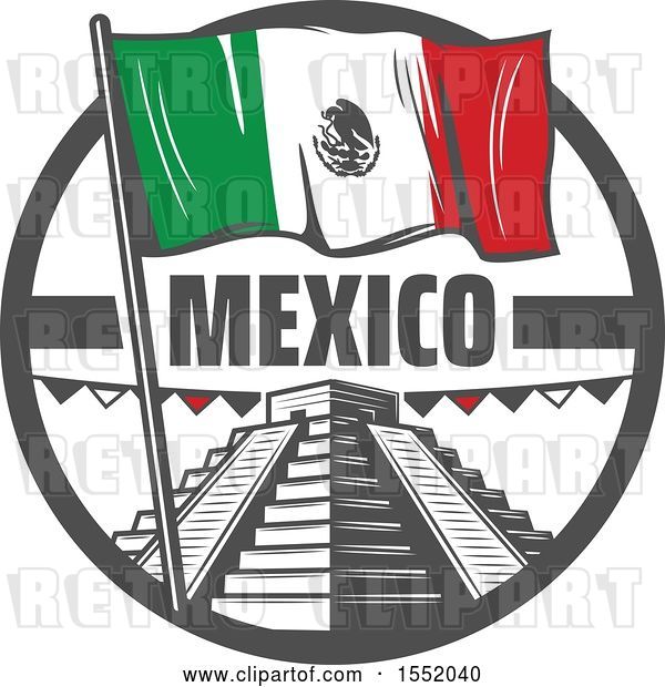 Vector Clip Art of Retro Styled Cinco De Mayo Design with El Castillo Pyramid and a Flag